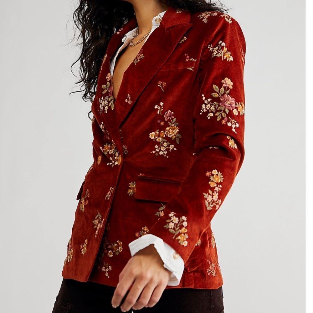 Free People Rust Red Floral Velvet Blazer